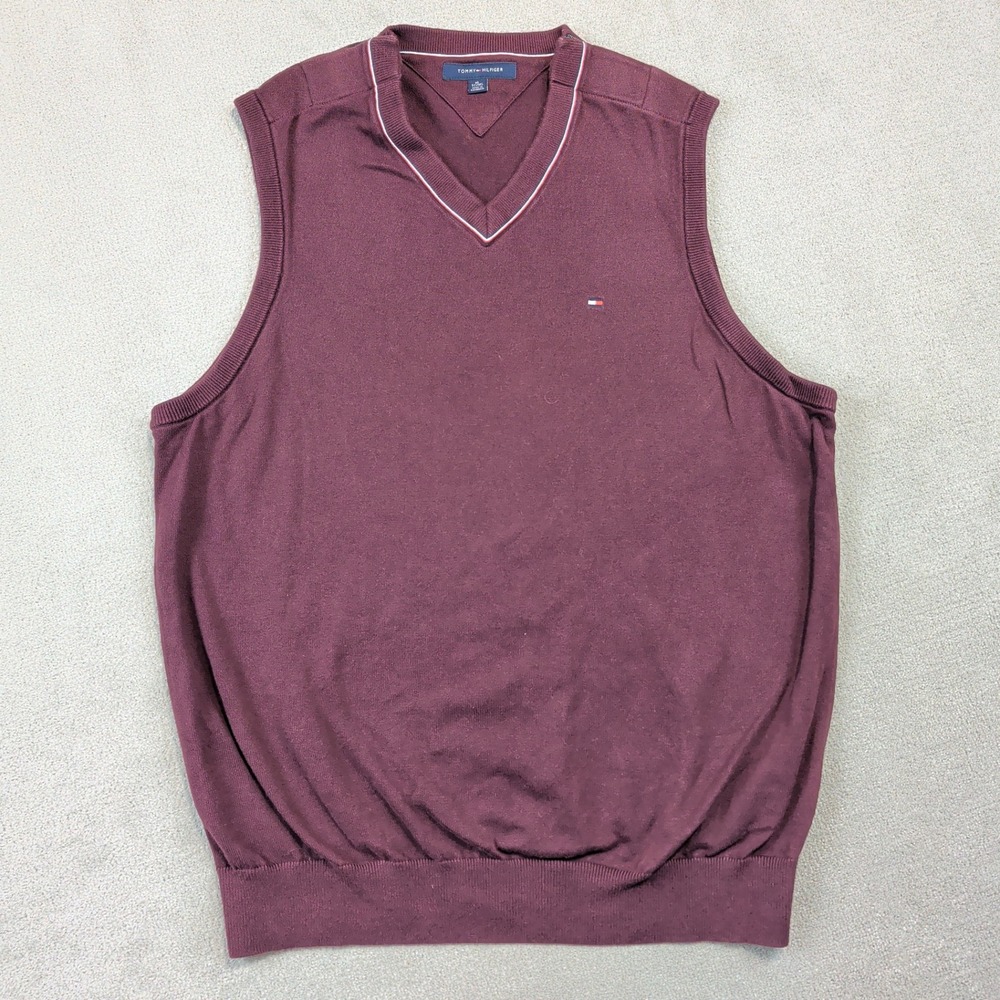 Tommy Hilfiger XL Mens Sweater Vest Burgundy V-Neck Cotton 78J4175 Maroon